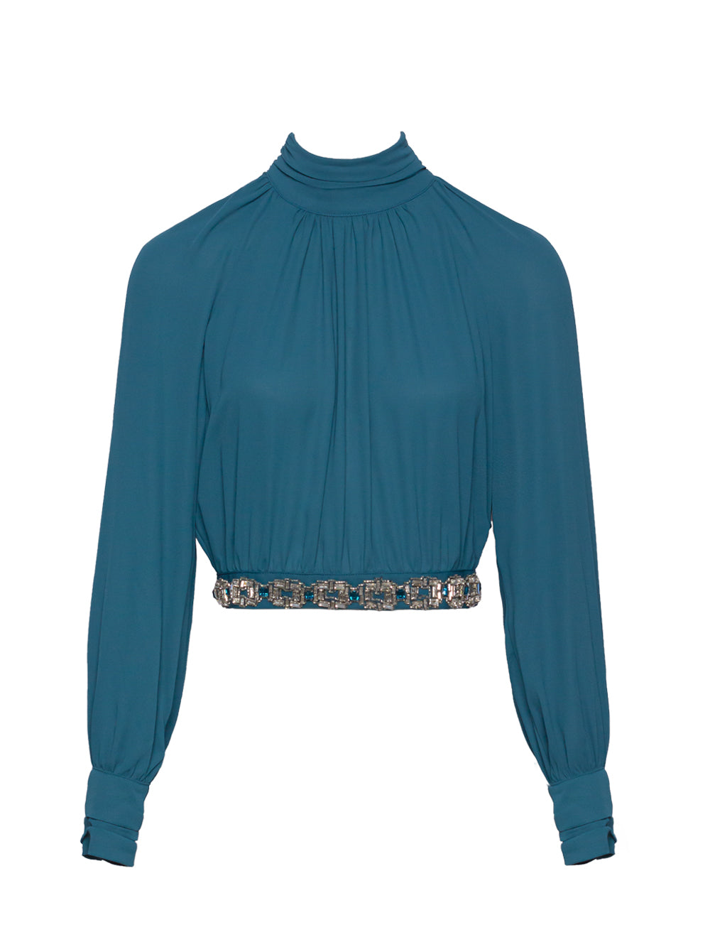 ELISABETTA FRANCHI GATHERED TIE-NECK RHINESTONE-EMBELLISHED BLOUSE