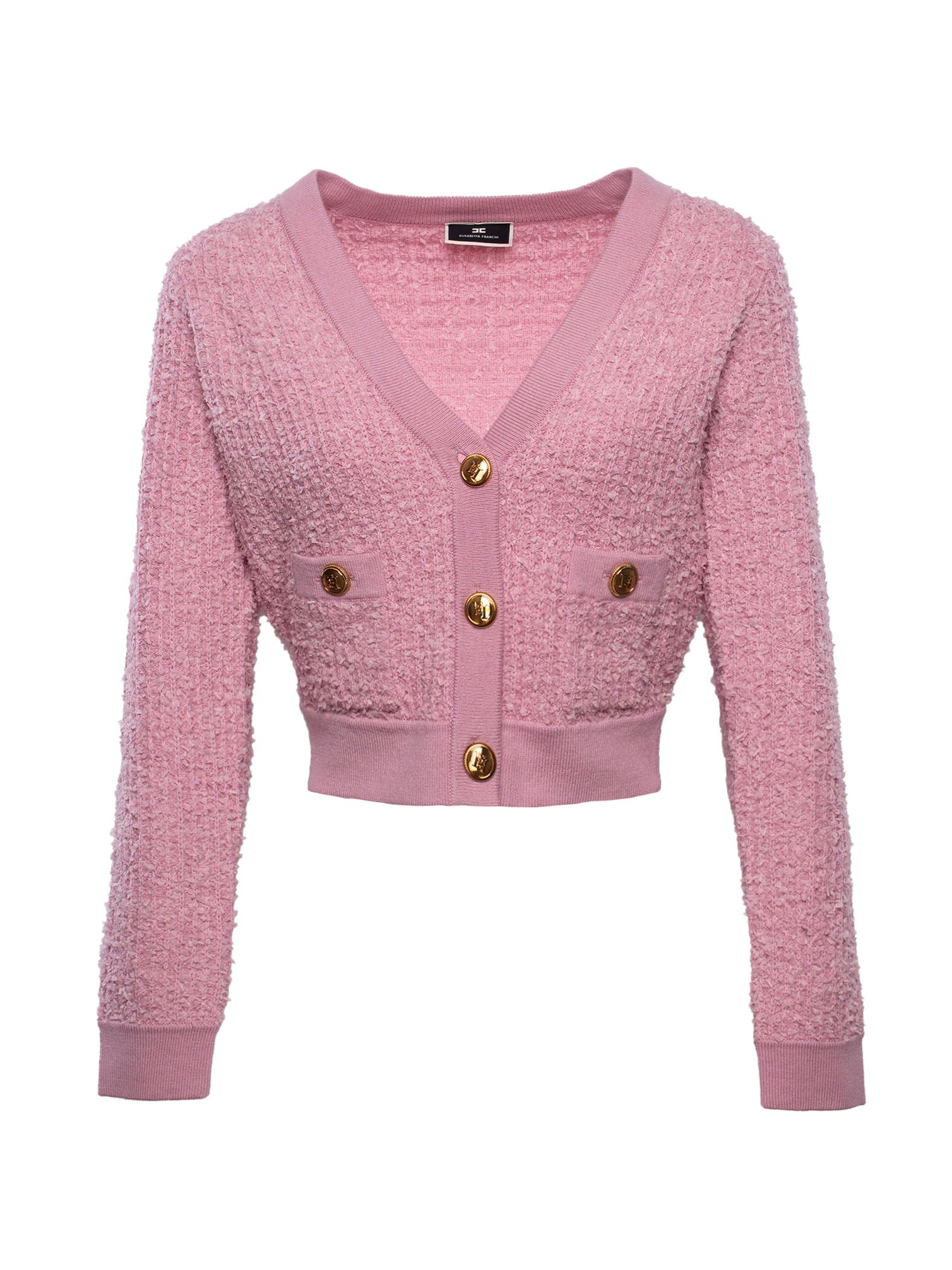 ELISABETTA FRANCHI BUTTON-UP BOUCLÉ CROPPED CARDIGAN
