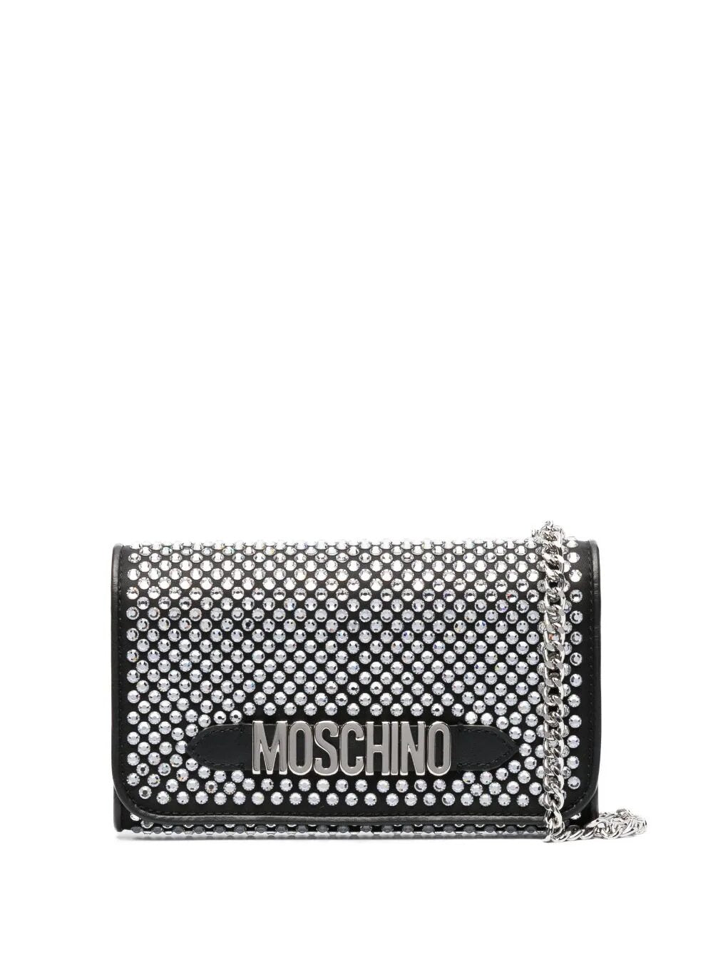 MOSCHINO CRYSTAL-EMBELLISHED LOGO-LETTERING CLUTCH BAG