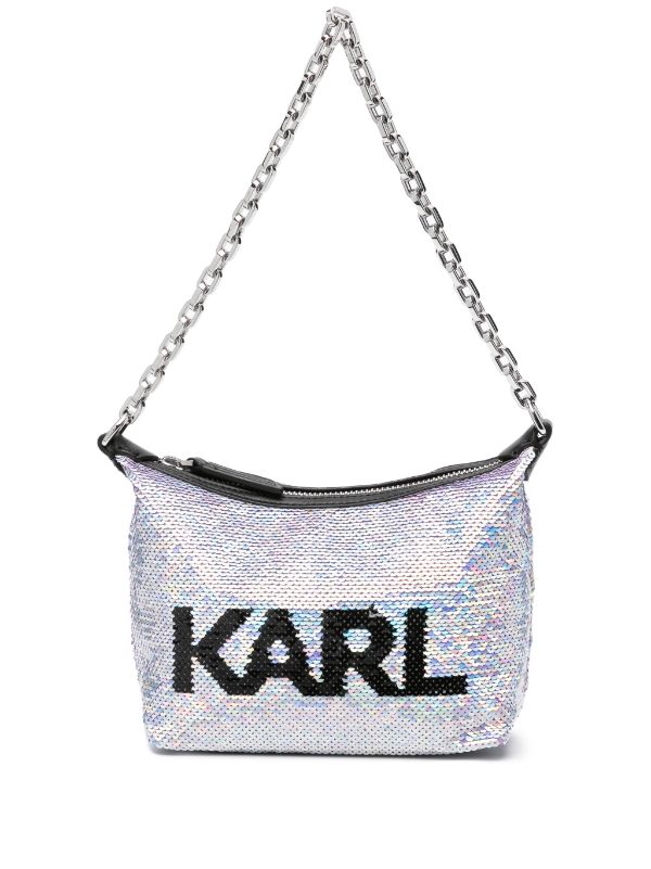 KARL LAGERFELD SEQUIN-EMBELLISHED CABLE-LINK CHAIN SHOULDER BAG