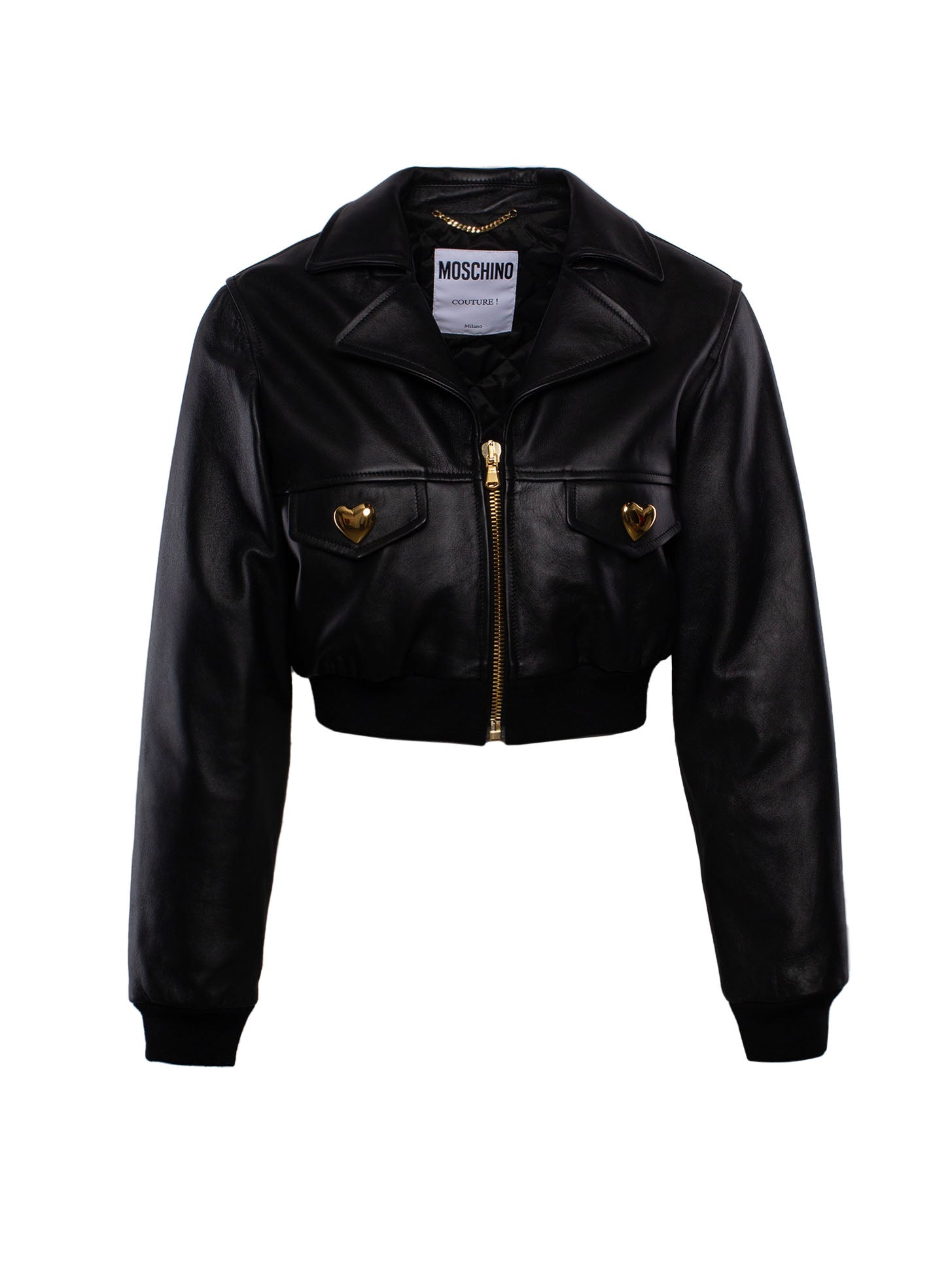MOSCHINO HEART-BUTTONS CROP LEATHER JACKET