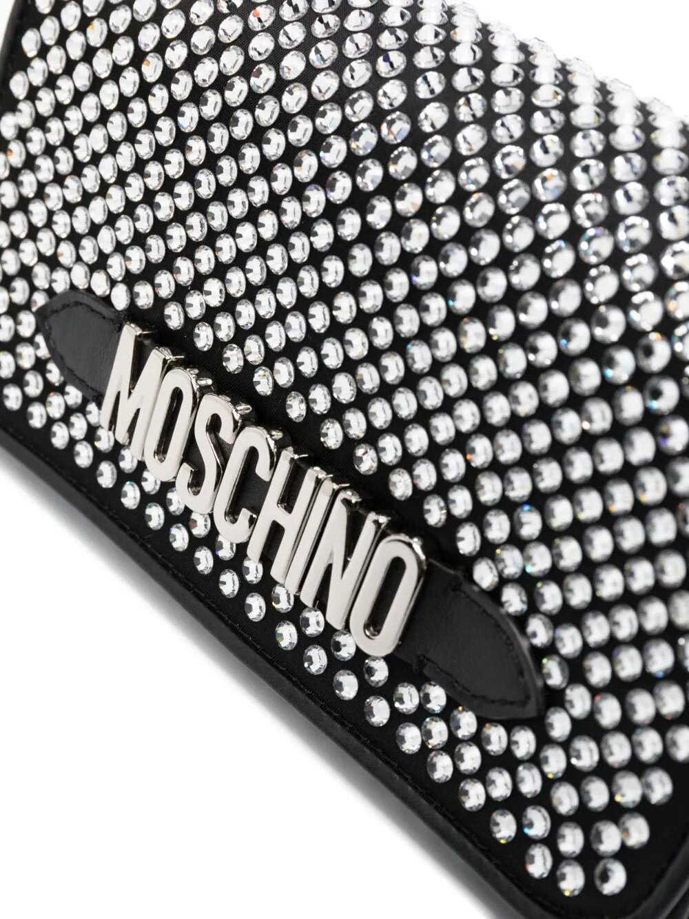 MOSCHINO CRYSTAL-EMBELLISHED LOGO-LETTERING CLUTCH BAG