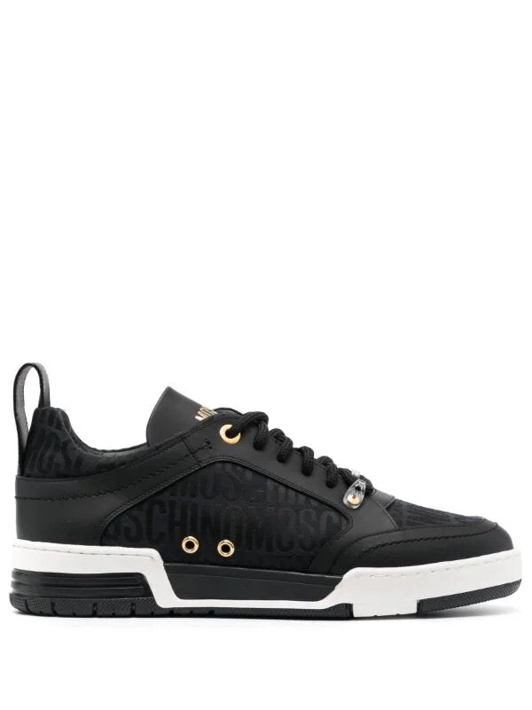 MOSCHINO LOGO-PATTERNED JACQUARD LEATHER SNEAKERS